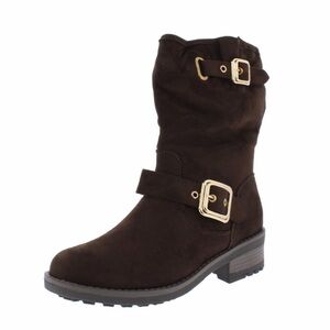 Moto manmade suede look boots with gold buckles